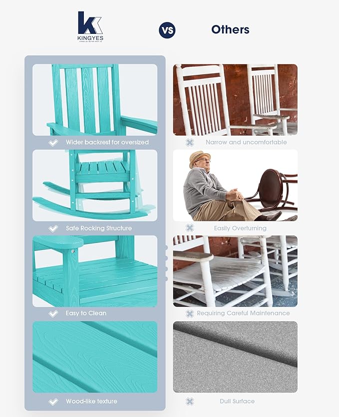 KINGYES Outdoor Rocking Chair Set of 4, All-Weather Patio Rocking Chairs for Porch, HDPE Rocking Outdoor Chairs with High Back for Adult, Heavy Duty Outdoor Patio Rockers for Garden, Lawn, Aruba