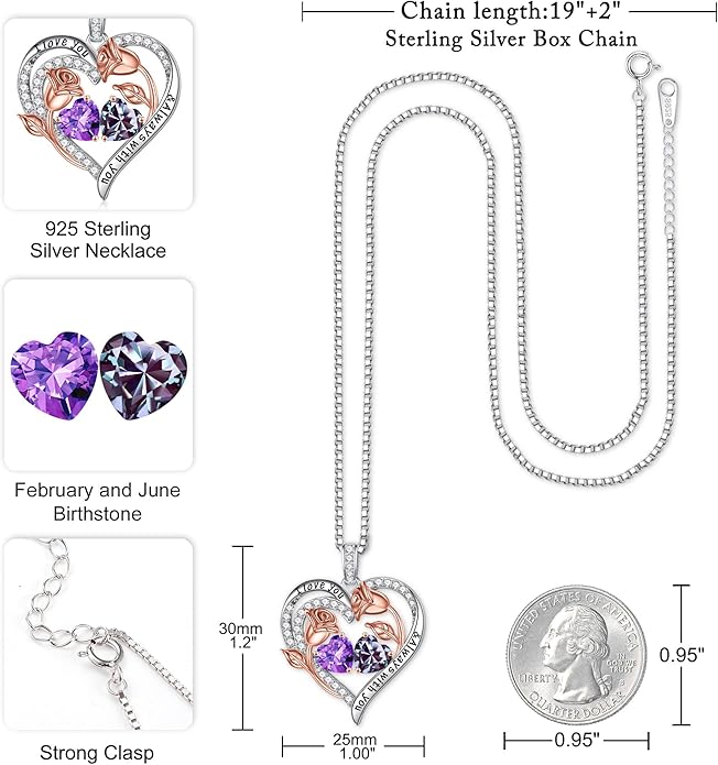 Iefil Christmas Gifts for Women Wife - 925 Sterling Silver Rose Heart Birthstone Necklace Birthday Anniversary Jewelry Gifts for Her Wife Mom Daughter