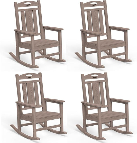 Ciokea Outdoor Rocking Chairs Set of 4, HDPE Porch Rocking Chairs for Outside, All-Weather Comfortable Patio Rockers for Front Deck Balcony, Teak