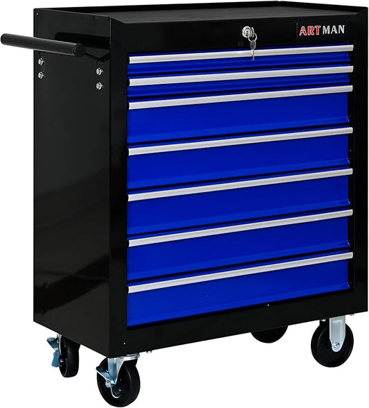 7 Drawers Tool Cart on Wheels,Multifunctional Rolling Tool Chest Tool Storage,Drawers Rolling Tool Trolley Organizer Tool Case for Garage, Warehouse, Workshop, Repair Shop (Black+Blue)