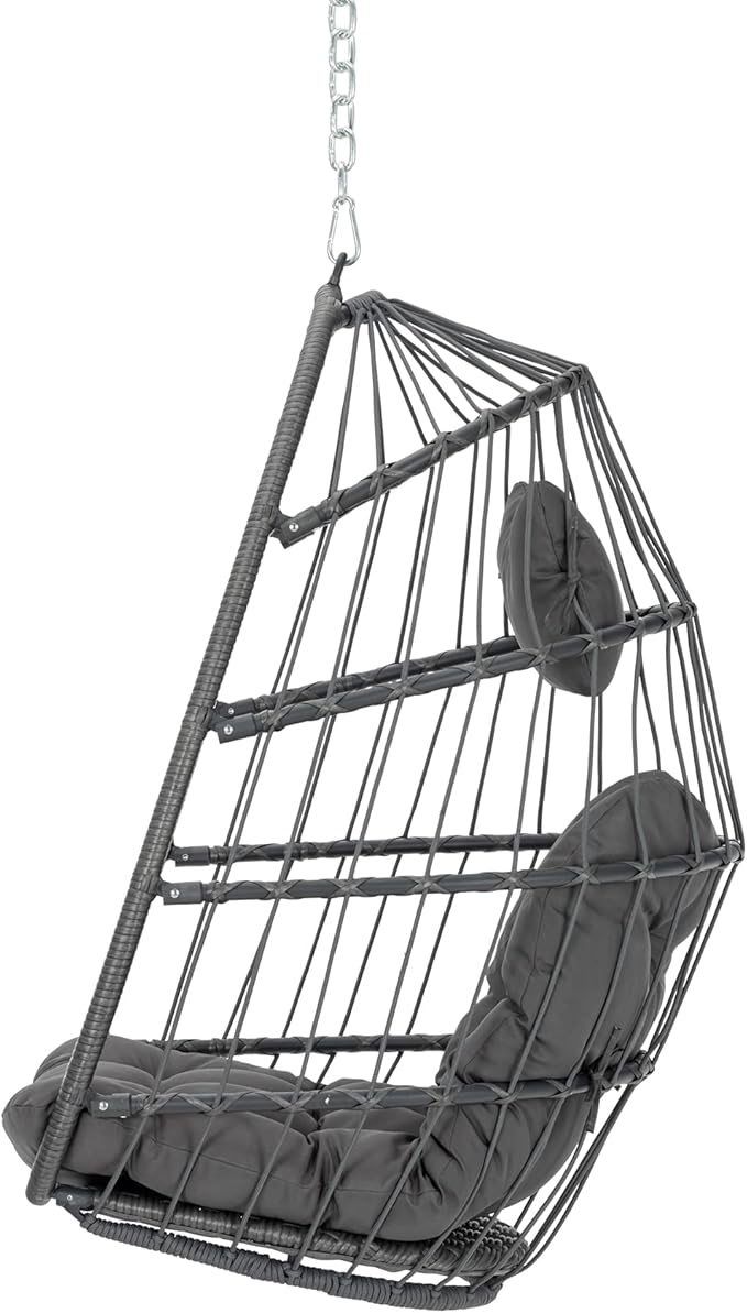 Yechen Hanging Egg Chair Outdoor Without Stand Indoor, Aluminum Foldable Swing Egg Chairs - Wicker Rattan Hammock Egg Porch Swing with UV Resistant Cushions for Bedroom Patio Balcony