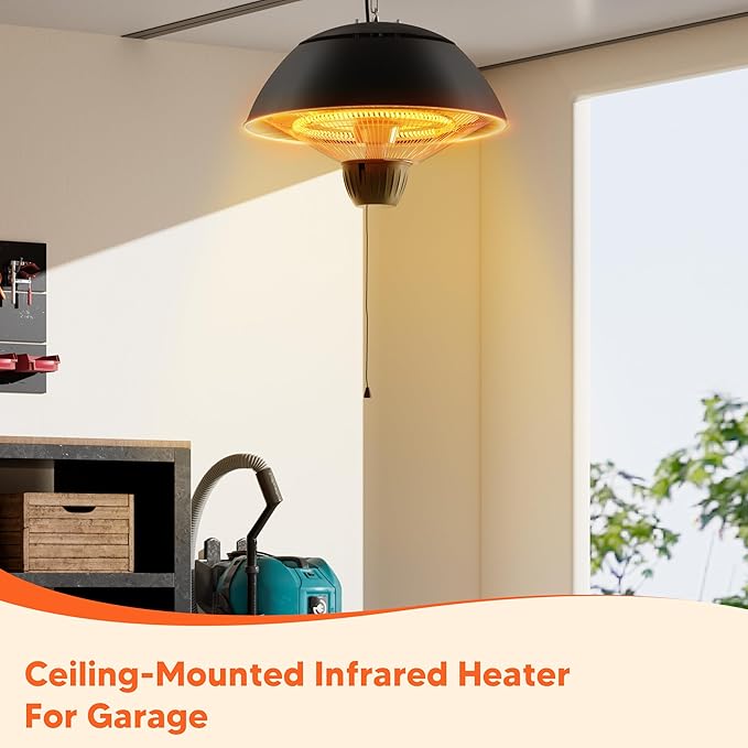 Electric Outdoor Heater, 1500W Hanging Ceiling Mounted Infrared Patio Heater for Outdoor Use, Waterproof Electric Heater for Porch, Balcony, Garage, Adjustable Height, Black