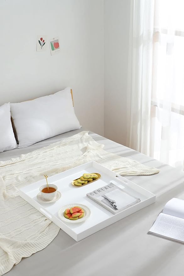 Glossy White Sturdy Acrylic Serving Tray with Handles-24x24Inch-Serving Coffee,Appetizer,Breakfast,Butler-Kitchen Countertop Tray-Makeup Drawer Organizer-Vanity Table,Ottoman Tray-Decorative