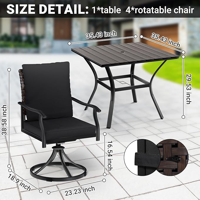 LEVELEVE 5 Piece Outdoor Patio Dining Set with 4 Swivel Dining Chairs & 1 Large Square Dining Table,Bistro Furniture Set for Lawn, Garden, Deck, Backyard and Porch