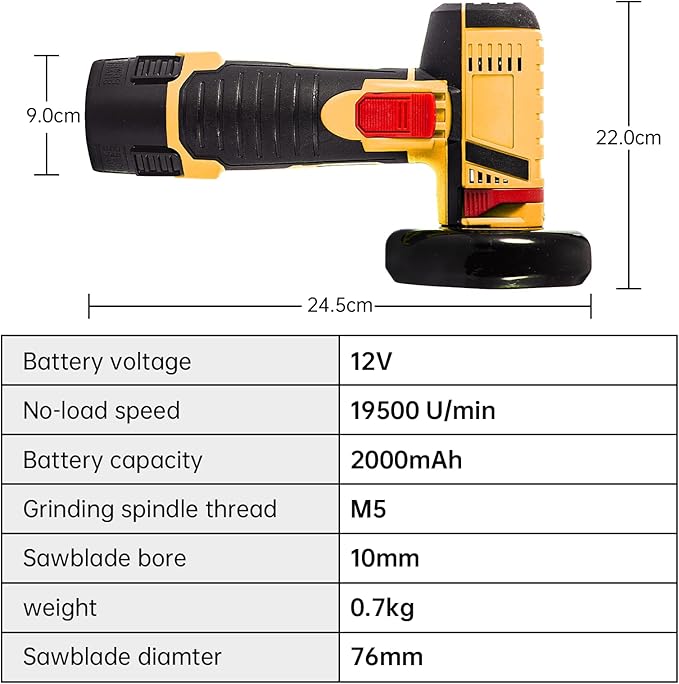 Cordless Angle Grinder, Mini Angle Grinder 19500RPM with 7 Cutting Discs and 2pcs Batteries, 76mm Side Disc Small Battery Grinding Tool for for Cutting Polishing and Sharpening