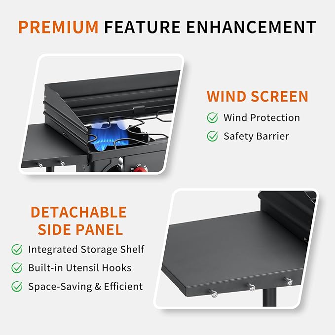 SKOK 3 Burners Propane Stove with Wind Panel &ide Shelves, Camping Propane Stove, Outdoor Stove