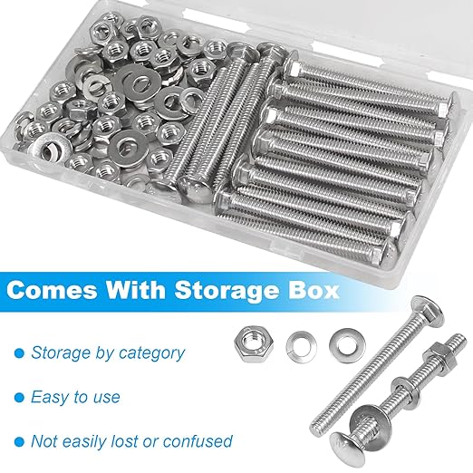 Yinpecly 16 Sets 1/4-20 x 2-1/2" Carriage Bolts Screws, 304 Stainless Steel Round Head Square Neck Carriage Bolts and Nuts Kit, with Flat & Lock Washers, Full Thread Coverage
