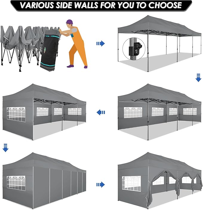 COBIZI 10x30 Heavy Duty Pop up Canopy with 8 sidewalls Stable Wedding Outdoor Tents for Parties Canopy Pop Up Party Tent UPF 50+ Waterproof Commercial Gazebo with Roller Bag, Gray(Windproof Upgraded)