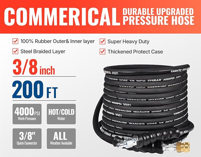 YAMATIC 3/8" Kink Resistant Pressure Washer Hose 200FT, Swivel 3/8" Quick Connector, 4000 PSI High Durability Cold Hot Water Max. 212°F, Fit Most Residential and Commercial Pressure Washer