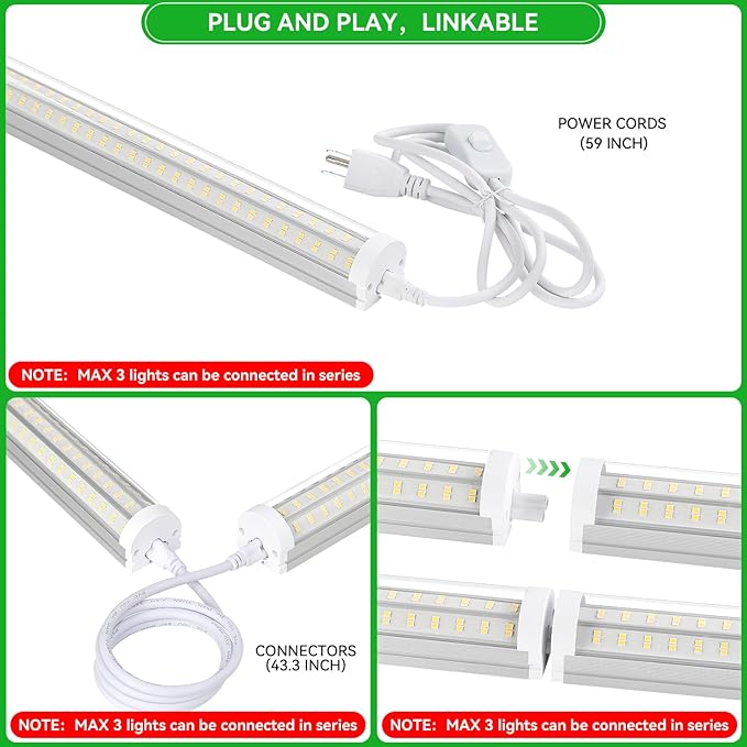 T12 8FT LED Shop Light Garage light,130W 5000K 20800LM Daylight Color,Hanging/Surface Mount,Super Bright,Plug and Play,Linkable Commercial Bay Lighting for Warehouse Basement Workshop 6Pack