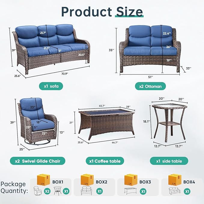 Outdoor Swivel Rocker Patio Chairs Set of 9 with 5" Thick Cushions,9 Piece Furniture Set with Fire Pit Table All Weather Wicker Conversation Set for Porch Deck - Grey Wicker | Blue Cushions