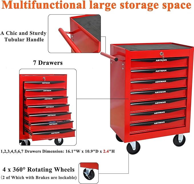 7 Drawers Rolling Tool Box on Wheels, Multifunctional Tool Cart, Drawers Rolling Trolley Organizer Tool Storage Chest for Warehouse,Garage,Workshop,Repair Shop (7 Drawers-30.5" H)