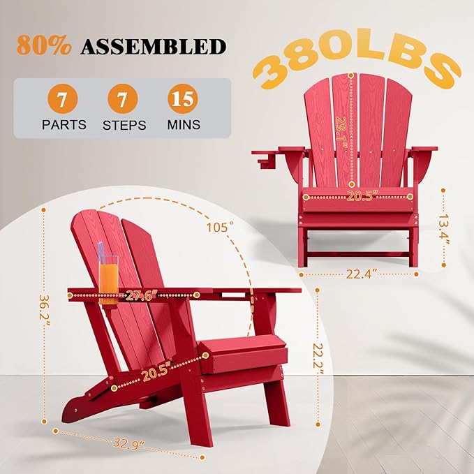 Folding Adirondack Chair, HDPE All-Weather Patio Chairs for Outdoor, Patio, Lawn, Garden, Backyard Deck, Fire Pit - Red