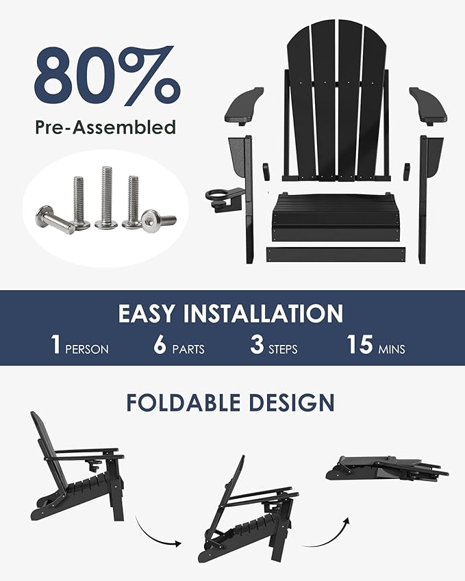 Folding Adirondack Chairs, All-Weather Resistant HDPE Patio Firepit Chairs, Sturdy Outside Chairs with Cup Holder, Lawn Chairs, 80% Pre-Installed Load Capacity 385lb, Black