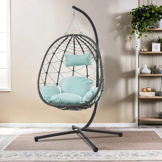 Hanging Egg Chair with Stand Egg Chair Indoor Outdoor, Patio Swing Hammock Egg Chairs, UV Resistant Removable & Washable Thicken Padded Cushions, 350LBS Capacity for Bedroom, Balcony, Garden