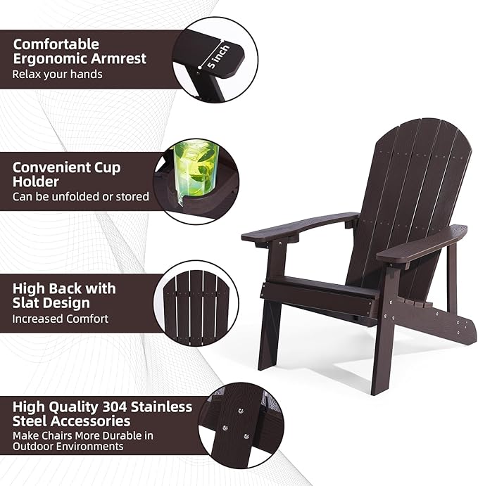Adirondack Chairs Set of 4, All Weather Resistant Plastic Chairs with Cup Holder, 5 Easy Steps to Install, Outdoor Chairs for Patio, Garden, Backyard Deck, Lawn, Fire Pit - Brown