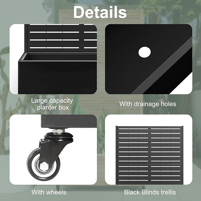 Metal Planter Box with Trellis for Climbing Plants Outdoor, Raised Garden Bed with Trellis, Privacy Screen for Patio (35" L×16" W×71" H, Black Blinds)