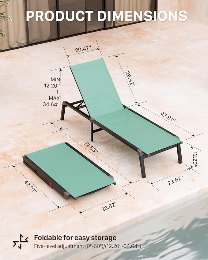 Aluminum Patio Chaise Lounge Chair Set of 2 with Side Table,5-Position Adjustable Backrest,Foldable Lounge Chair Outdoor,Pool Lounge Chairs for Poolside,Lawn,Deck,Beach (Green, 2 Pack+Table)