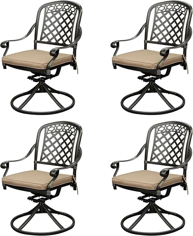 Cast Aluminum Outdoor Swivel Dining Chairs, All-Weather Patio Swivel Rocker Chair Sets with Cushion for Garden, Backyard, Poolside, Bistro (Khaki, 4 Pieces)