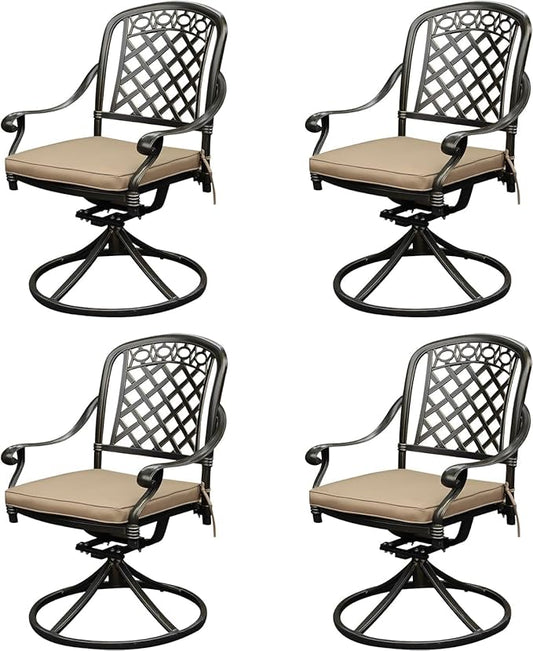 Cast Aluminum Outdoor Swivel Dining Chairs, All-Weather Patio Swivel Rocker Chair Sets with Cushion for Garden, Backyard, Poolside, Bistro (Khaki, 4 Pieces)