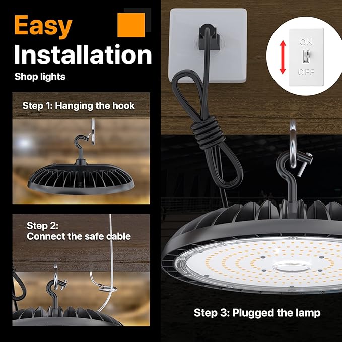 4 Pack Led High Bay Light 250W, 37500 lm High Bay Led Shop Lights 5000K with US Plug, Commercial Light Fixture for Workshop, Garage, Warehouse