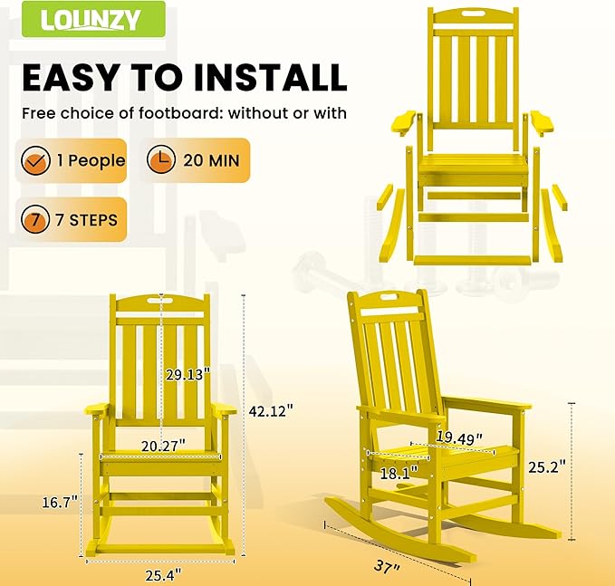 LOUNZY Outdoor Rocking Chair with Footboards Set of 2, HDPE Rocking Chair Patio Porch Rocker with 380lbs Support for Adult, Yellow