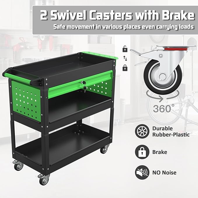 3 Tray Rolling Tool Cart, 400 LBS Capacity Mechanic Tool Carts on Wheels, Heavy Duty Utility Cart with Drawers, Metal Work Cart for Garage, Warehouse and Repair Shop, Blackgreen