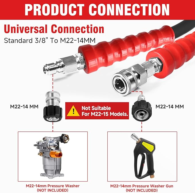 3/8" Non Marking Pressure Washer Hose 150 FT,Kink Resistant Power Washer Replacement Hose Steel Wire Braided for Hot and Cold Water, with M22 14mm to 3/8" Swivel Quick Connect, 5000 PSI (150FT)