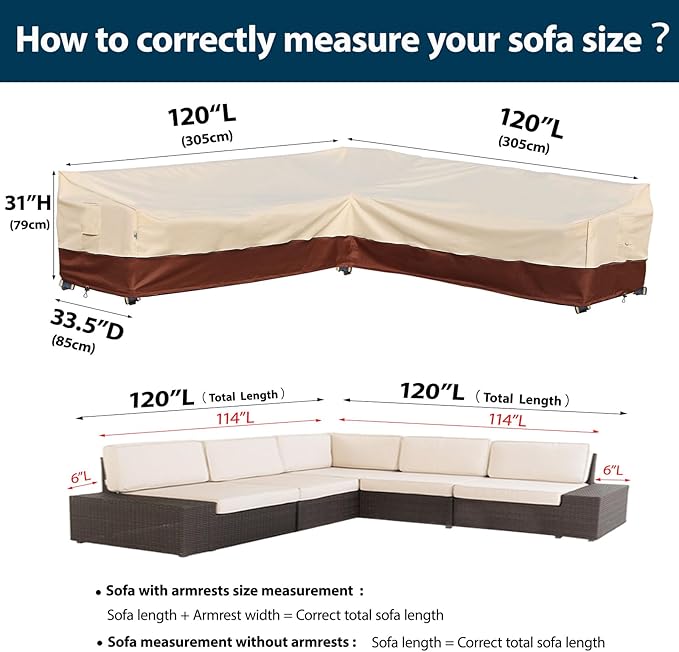 Outdoor Sectional Cover Patio Furniture Covers Waterproof Rip-Stop Anti-UV 600D Heavy Duty Outdoor Couch Sofa Cover with 3 Air Vents (V-Shaped-120''X120''),Beige & Reddish Brown