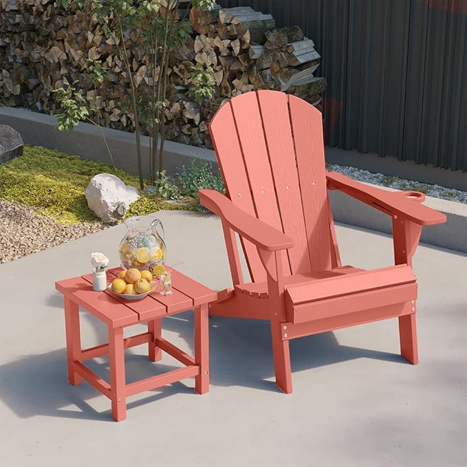 Folding Adirondack Chairs with Cup Holders, Set of 4 HDPE Plastic Outdoor Chairs, Weather Resistant, Real Wood Look, Heavy-Duty Patio Furniture for Deck, Fire Pit, Backyard, Coral