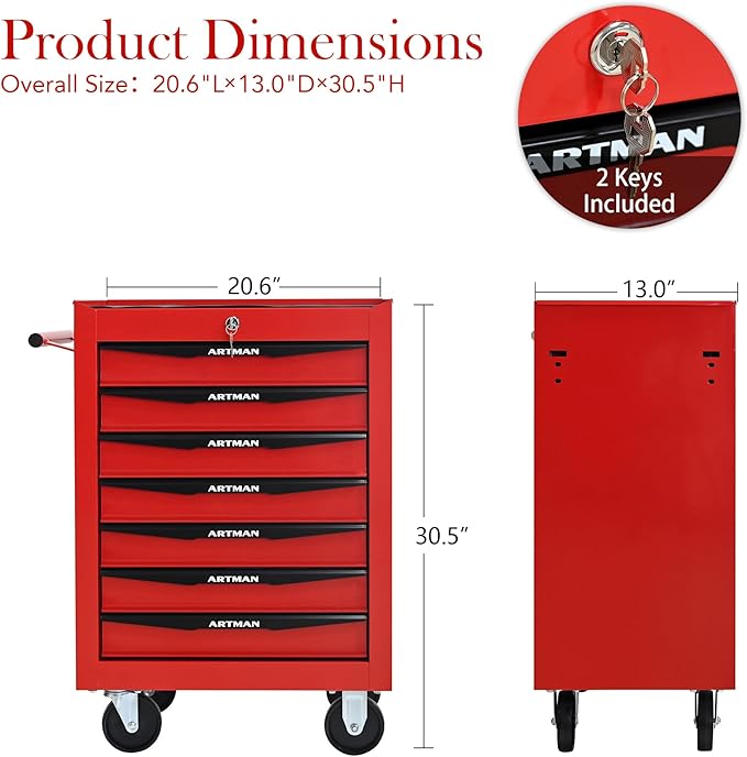 7 Drawers Rolling Tool Box on Wheels, Multifunctional Tool Cart, Drawers Rolling Trolley Organizer Tool Storage Chest for Warehouse,Garage,Workshop,Repair Shop (7 Drawers-30.5" H)