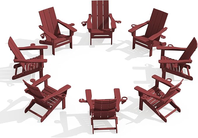 SERWALL Folding Adirondack Chair with Cup Holders, Weather Resistant HDPE Modern Adirondack Chair Set of 8, Plastic Outdoor Fire Pit Chairs, Red