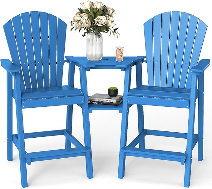 FOOWIN Tall Adirondack Chair Set of 2, All Weather HDPE Bar Height Adirondack Chair with Double Connecting Trays, Adirondack Barstools for Balcony, Deck, Backyard, Patio, Garden Pacific Blue
