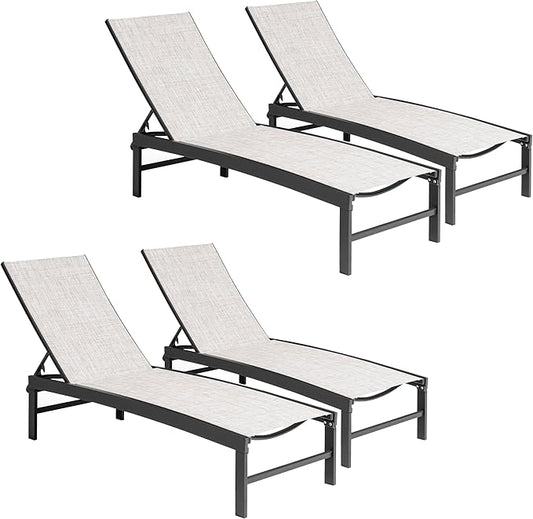 Chaise Lounge Chair, Set of 4 Outdoor Recliner Lounge Chair Sun Loungers, All Weather Chaise with 5 Adjustable Backrest and Lay Flat Positions for Garden, Balcony, Pool, Earth