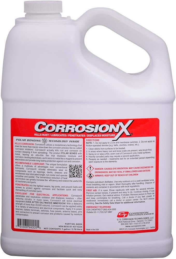 CorrosionX Rust Inhibitor, Industrial-Strength Dielectric Corrosion Prevention, Lubricant & Penetrant for Marine, Automotive, Electronics & RV Use, Protects Bolts, Cables, Engines, Parts, 1 Gallon