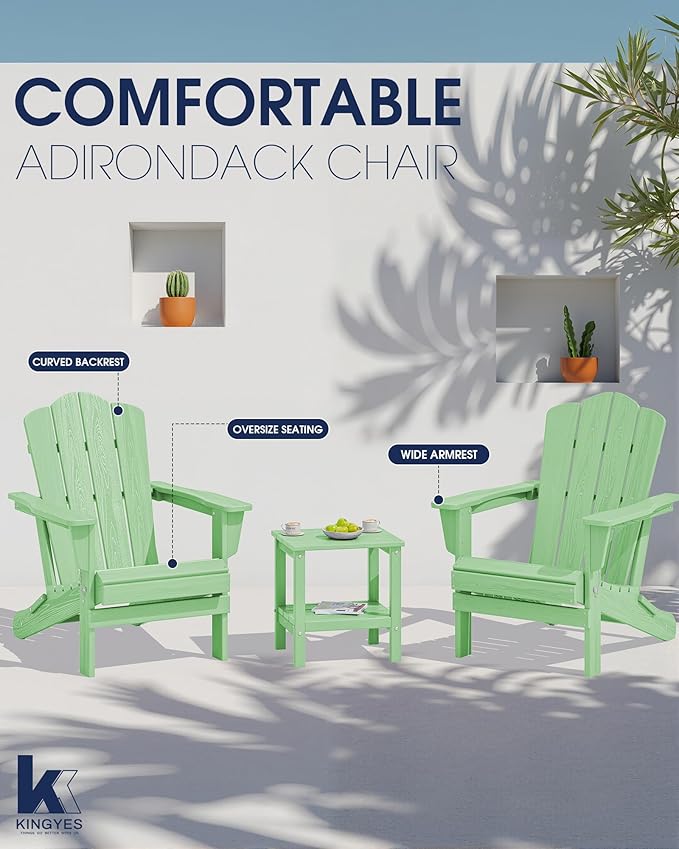 KINGYES Folding Adirondack Chair Set of 8, HDPE All-Weather Folding Adirondack Chair, Light Green