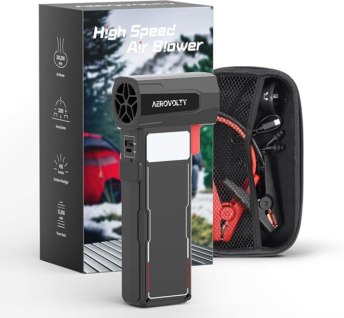 4-In-1 Car Dryer Air Blower - 3LB Thrust, Leaf Blowing Turbo Fan for Patio, Snow Cordless Turbo Jet Blower with 2000A Jump Starter, 15,000mAh Power Bank, LED Flashlight, Gift
