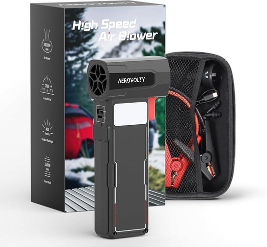 4-In-1 Car Dryer Air Blower - 3LB Thrust, Leaf Blowing Turbo Fan for Patio, Snow Cordless Turbo Jet Blower with 2000A Jump Starter, 15,000mAh Power Bank, LED Flashlight, Gift