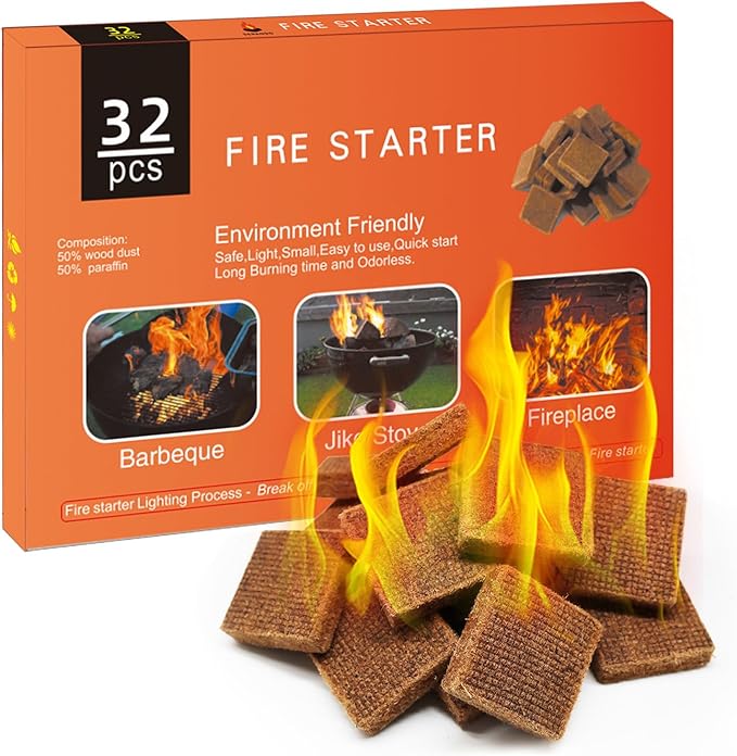 Wood Fire Starters Cubes: 32 Squares Natural Charcoal Firestarter for Fireplace Stove Grill Pit Campfires BBQ