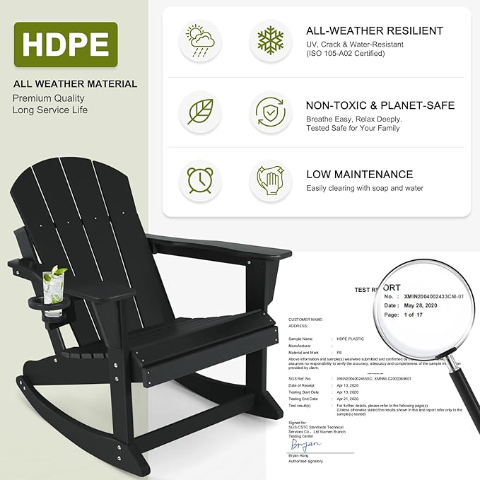 Outdoor Rocking Chair, HDPE Poly All-Weather Patio Rocking Chairs with Cup Holder for Adults, Porch Rocker for Deck Patio Balcony, 440lbs, Black