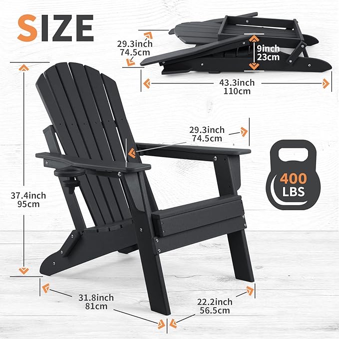 FUNBERRY Folding Adirondack Chair, All Weather HDPE Fire Pit Chairs with Cup Holder for Outdoor