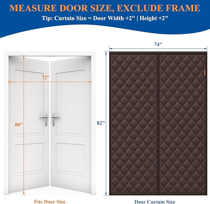 MAGZO Sliding Glass Door Insulation Curtain for Winter, Fits 72'' x 80'' Door, Made of Oxford&Thicken Cotton, Patio Door Insulation Kit Cover Blanket for French Attic Doors, Strong Magnets, Brown