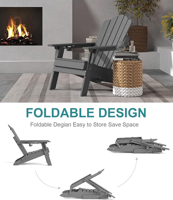 FOOWIN Adjustable Adirondack Chair Set of 2, Folding Adirondack Chair with Cup Holder, HDPE All-Weather Fire Pit Chair with 3 Recline Positions, Suitable for Patio, Garden, Backyard, Poolside, Grey