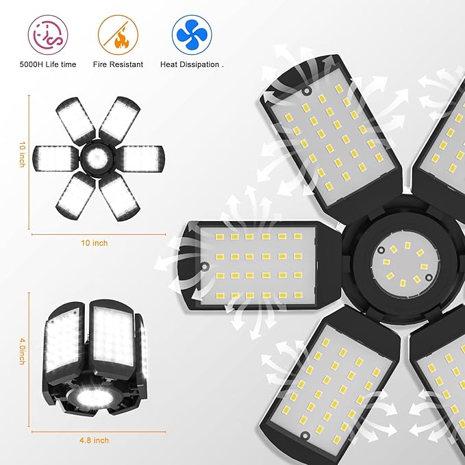LED Garage Lights Bulb 200W 15000LM 6500K Led Shop Light with 6 Plus 1 Deformable Panels Basement Barn Ceiling Lights for E26/E27