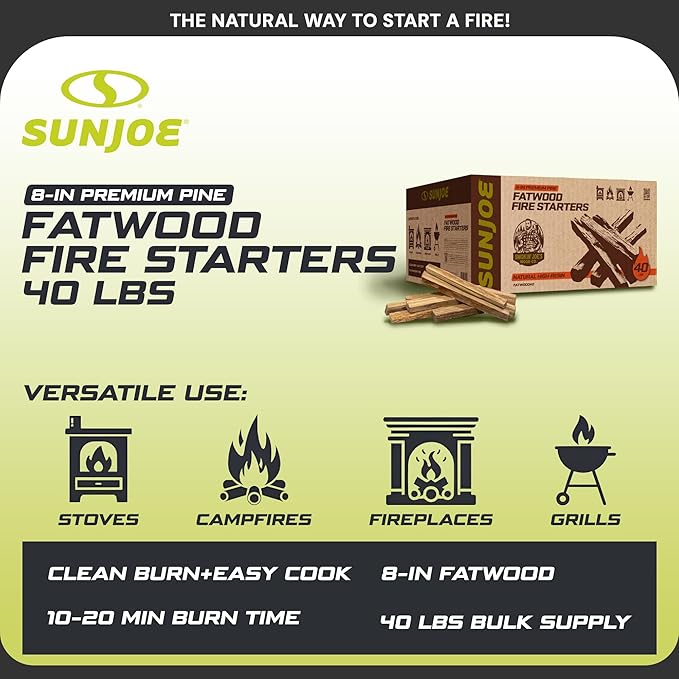 Sun Joe 40-Pound Fatwood Fire Starter Sticks, All-Natural Pine Kindling for Fireplace, Wood Stove, Pit and Grill, Made for Indoor or Outdoor Use