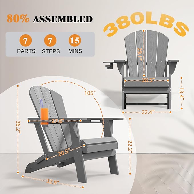 Folding Adirondack Chair, HDPE All-Weather Patio Chairs for Outdoor, Patio, Lawn, Garden, Backyard Deck, Fire Pit - Gray
