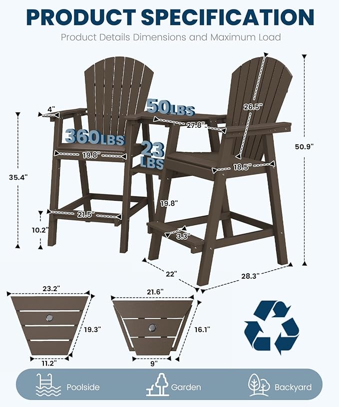 FOOWIN Tall Adirondack Chair Set of 2, All Weather HDPE Bar Height Adirondack Chair with Double Connecting Trays, Adirondack Barstools for Balcony, Deck, Backyard, Patio, Garden Walnut