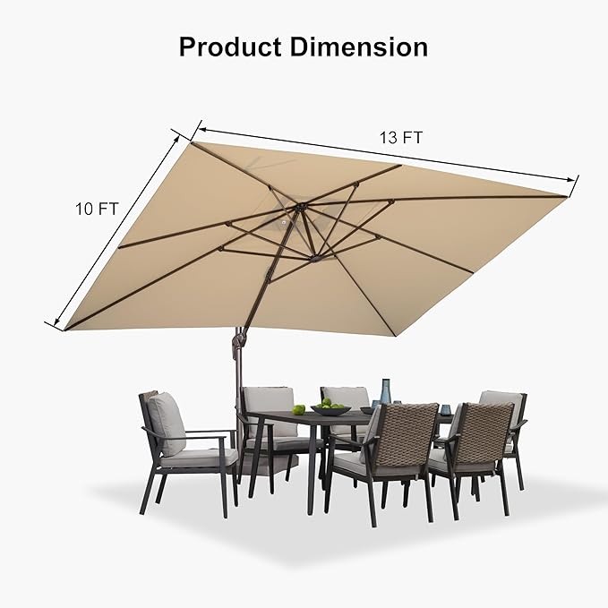 PURPLE LEAF 10' X 13' Patio Cantilever Umbrella Rectangle Umbrella Outdoor with Aluminum Offset Hanging and 360° Rotation for Pool Garden Deck Patio, Beige