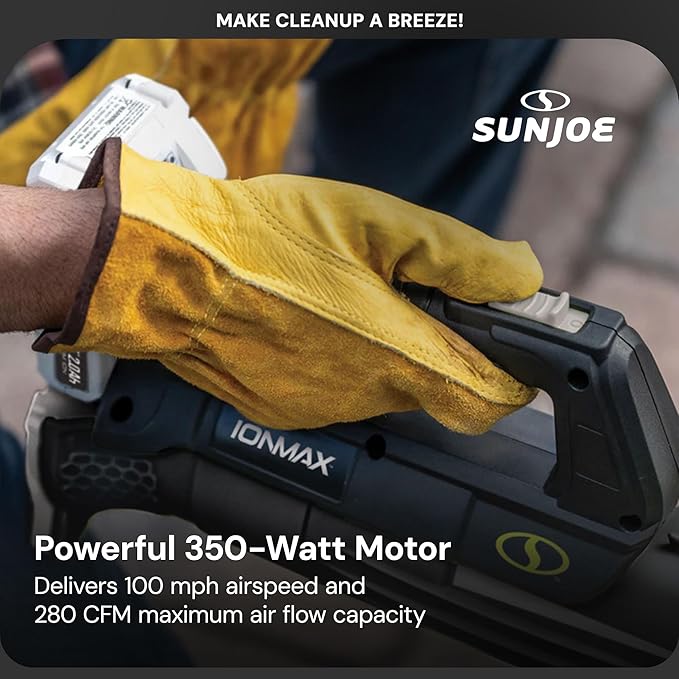 Sun Joe Cordless Jet Blower with Compact Turbine, Battery & Charger, 24V, 100 MPH - Portable and Lightweight Battery-Powered Electric Equipment for Lawn, Garden, and Yard Care, IONMAX 24V-TB-LTE