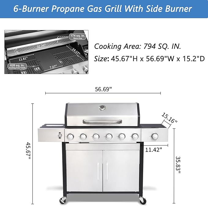 6-Burner Propane Gas BBQ Grill with 1 Side Burner, 65910 BTU Output Stainless Steel Outdoor Grill w/Cast Iron Grating Mesh, Built-in Thermometer for Cooking & Outdoor BBQ